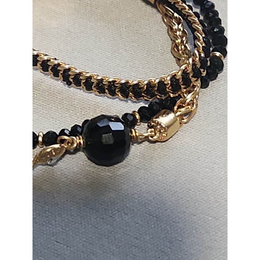 Henri Bendel Multi Strand Black Bead Gold Tone Chain Tassel Charm Bracelet - Picture 7 of 11